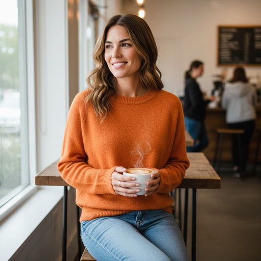 La Vie Continue orange soft knit crew neck sweater with ribbed cuffs and hem, worn by a woman holding a latte.
