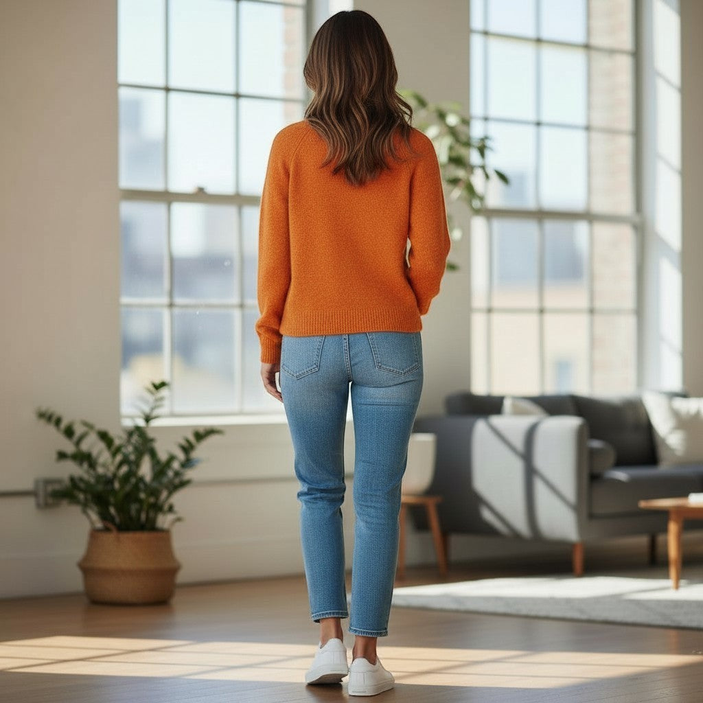 La Vie Continue orange soft knit round neck sweater with ribbed cuffs and hem, worn by a woman with jeans.