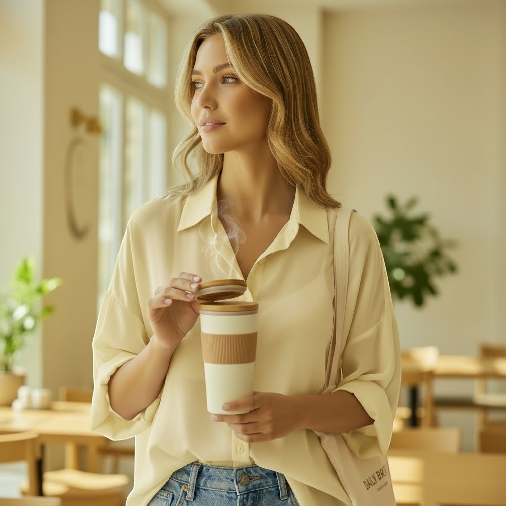 La Vie Continue woman in oversized pale yellow Lyocell blend shirt holding a reusable coffee cup with bamboo lid.
