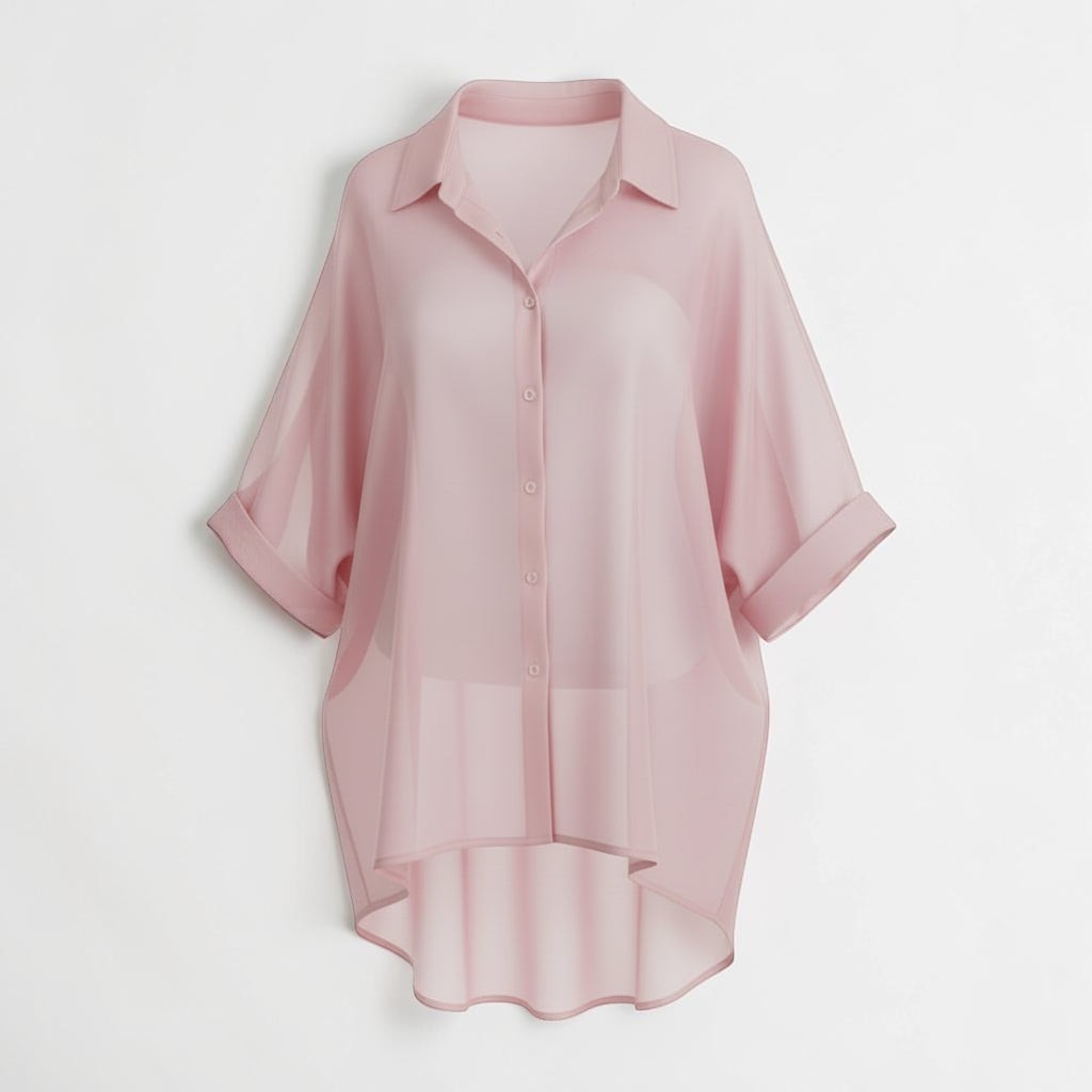 La Vie Continue pink oversized fluid lyocell-blend shirt with cuffed sleeves and a high-low hem.