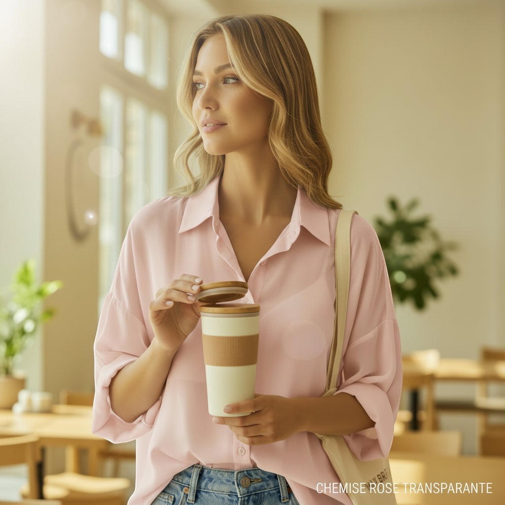La Vie Continue light pink oversized fluid Lyocell blend shirt with rolled sleeves, worn by a woman holding a reusable coffee cup.