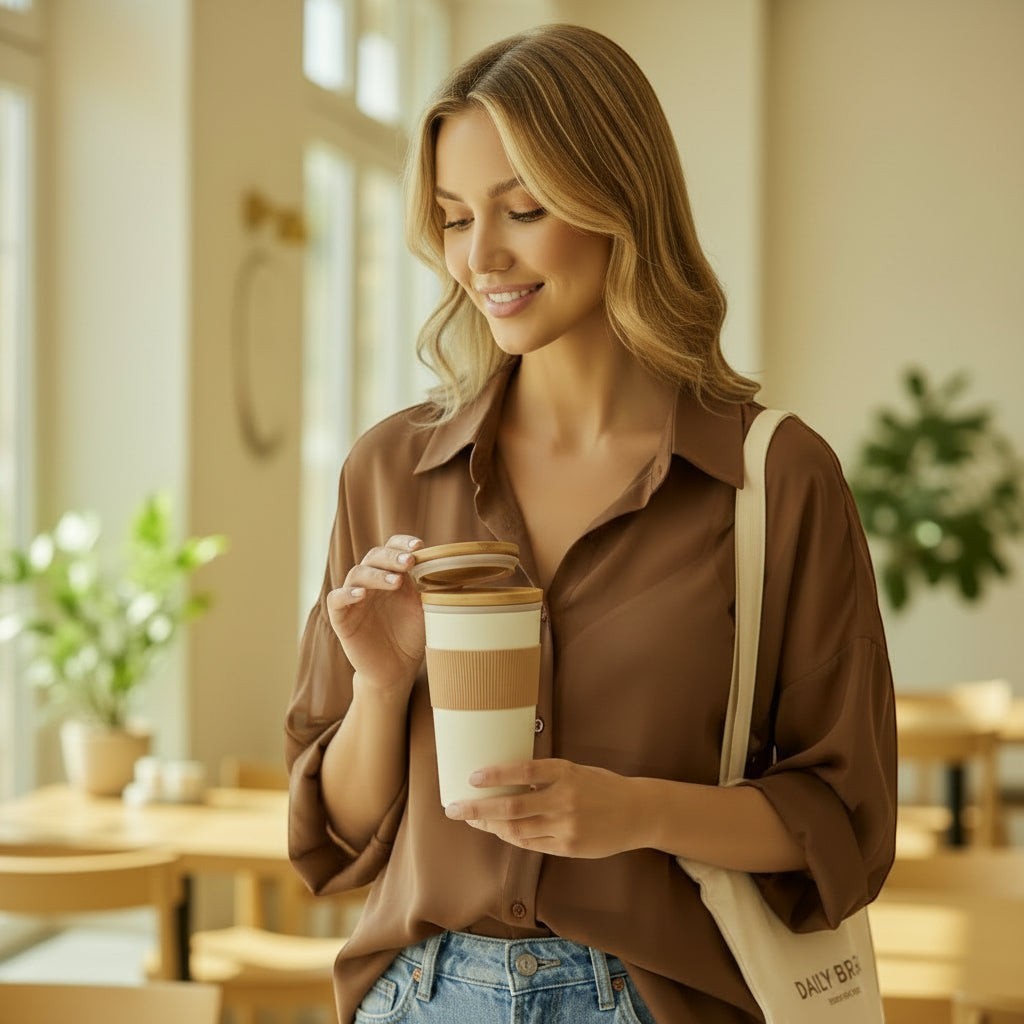 La Vie Continue woman in brown oversized shirt holding a reusable coffee cup with bamboo lid and ribbed grip