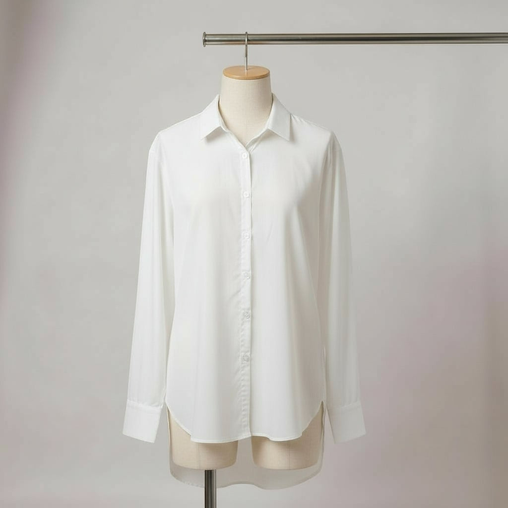 La Vie Continue white polyester-cotton blend basic shirt with classic collar and button-down front, displayed on a mannequin.