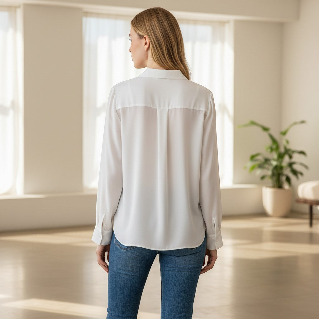 La Vie Continue white polyester-cotton blend basic shirt with classic collar and long sleeves, worn by a woman with blonde hair.