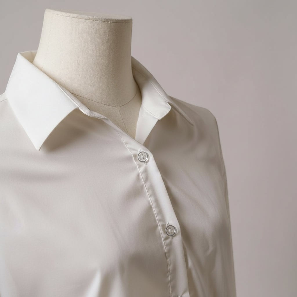 La Vie Continue white polyester-cotton blend basic shirt on a mannequin. Classic collar, button-down front, long sleeves.