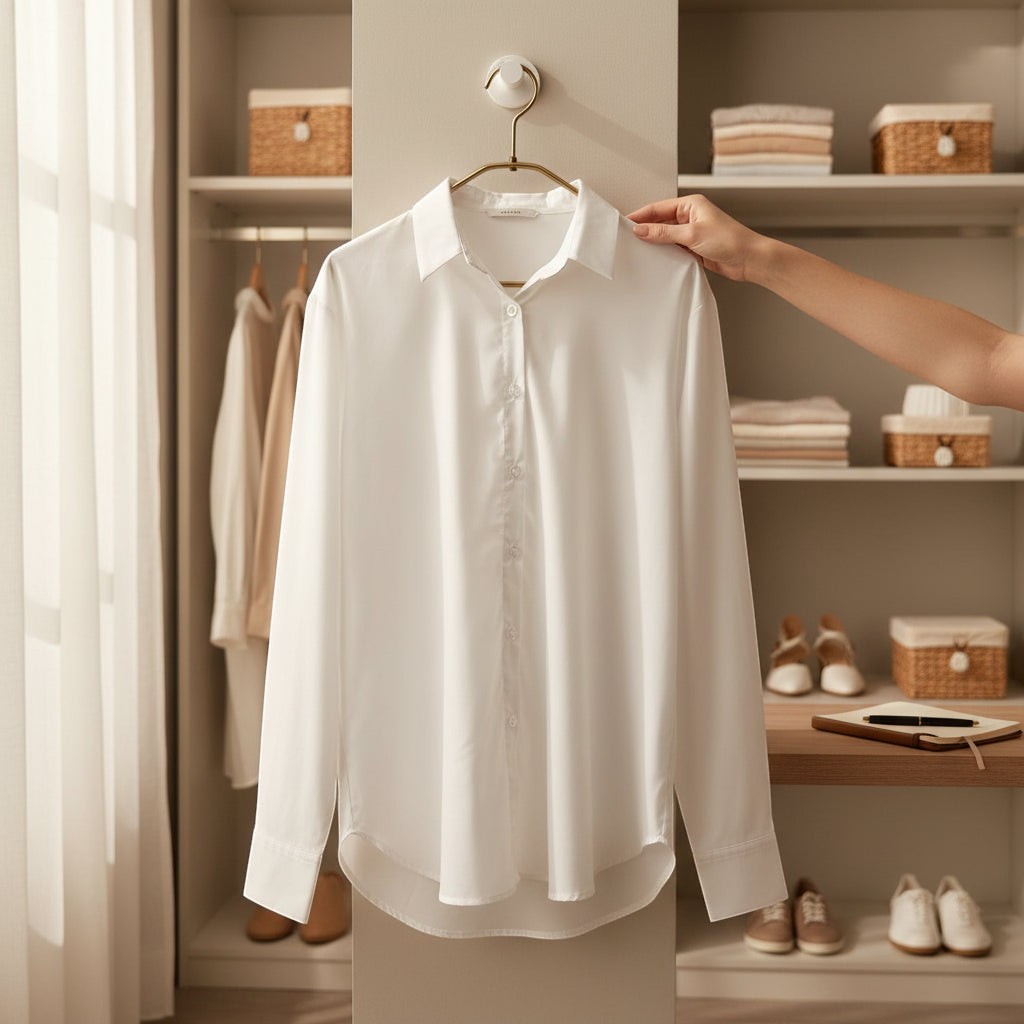 La Vie Continue white polyester-cotton blend basic shirt with classic collar and button-down front, styled in a wardrobe.