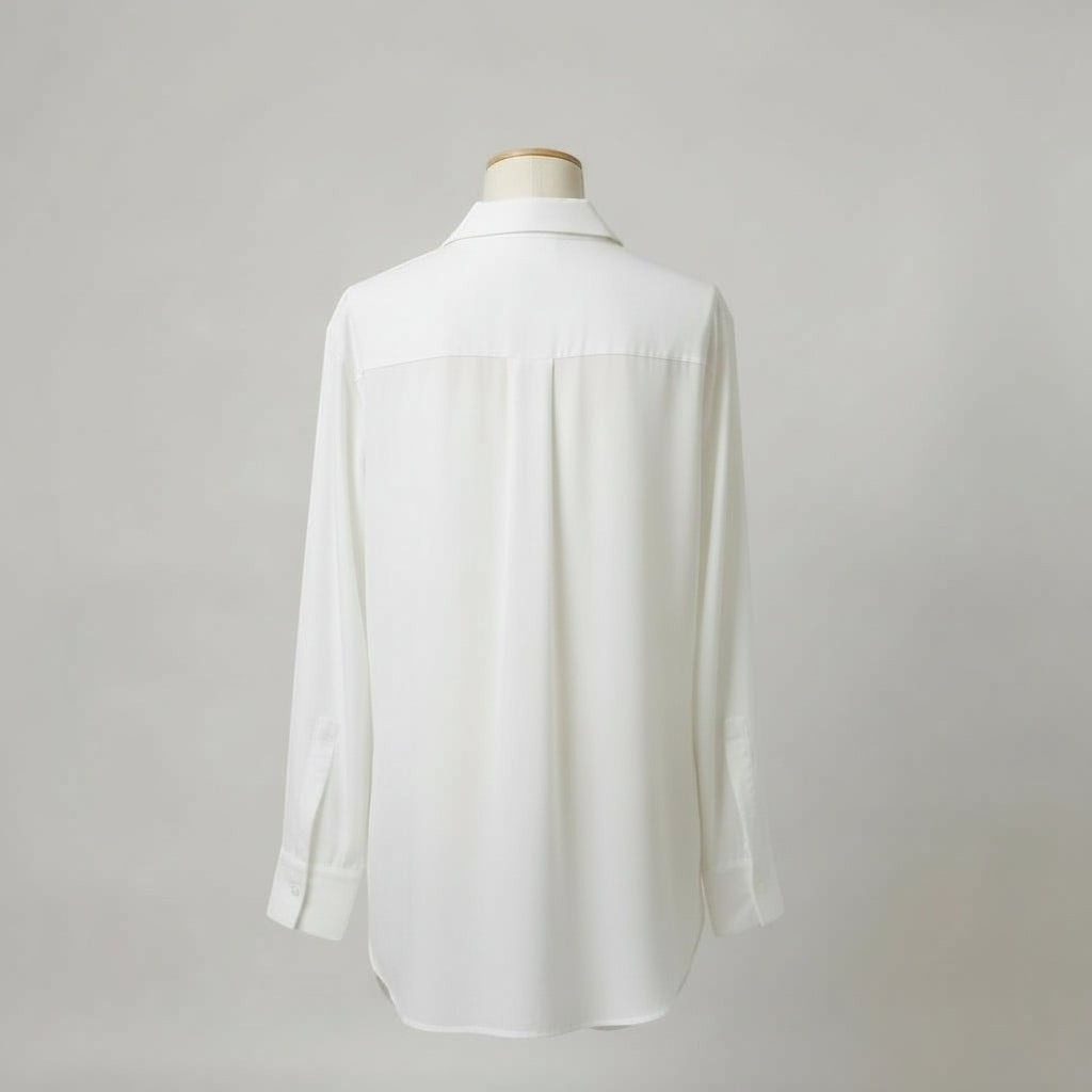 La Vie Continue white polyester-cotton blend basic shirt with classic collar and long sleeves, displayed on a mannequin.