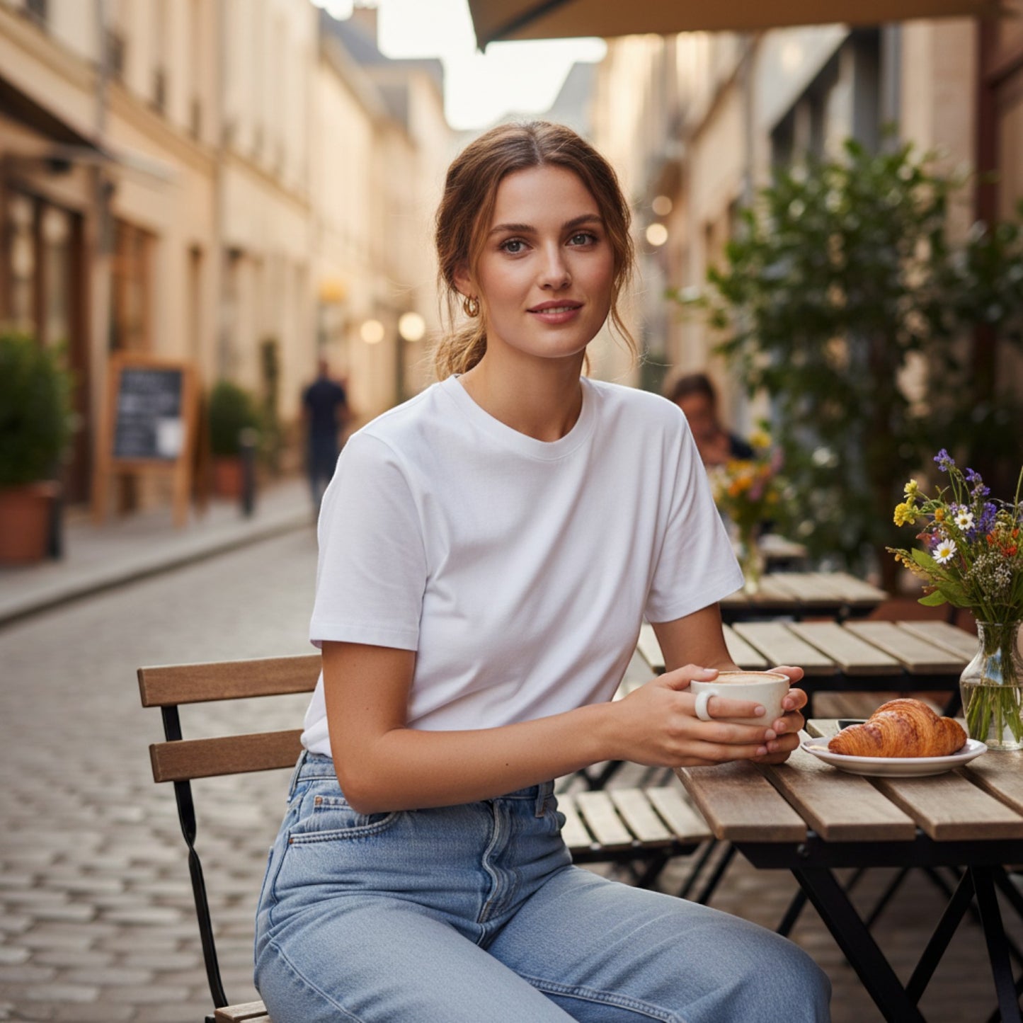 La Vie Continue white cotton-polyester blend crew neck t-shirt worn by a woman sitting at a cafe table.