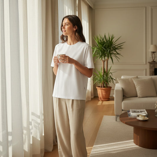La Vie Continue white cotton-polyester blend t-shirt with round neck and classic fit, worn by a woman holding a mug.