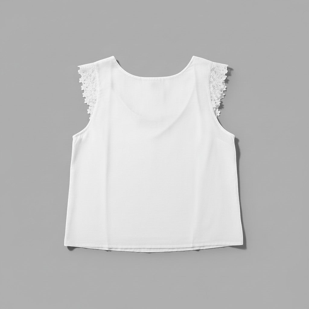 La Vie Continue white sleeveless V-neck top with delicate lace trim on shoulders, made of polyester and viscose blend.