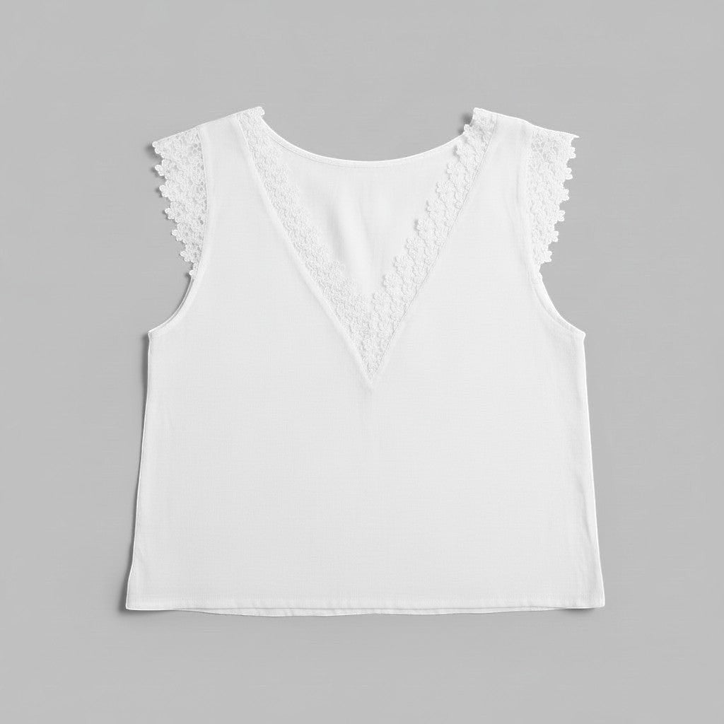 La Vie Continue white sleeveless V-neck top with delicate lace trim on neckline and sleeves. Polyester-viscose blend.