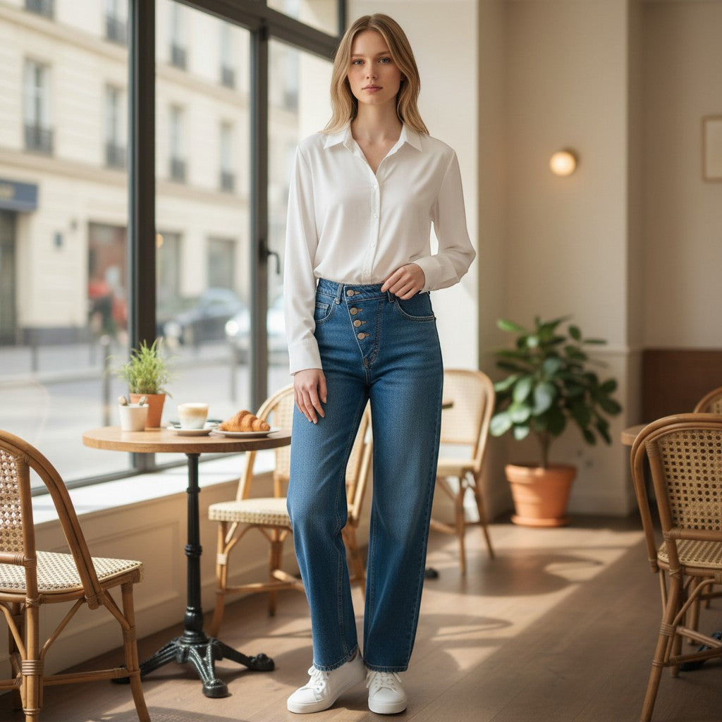 La Vie Continue white polyester-cotton blend long-sleeve button-up shirt worn by a woman in blue jeans.