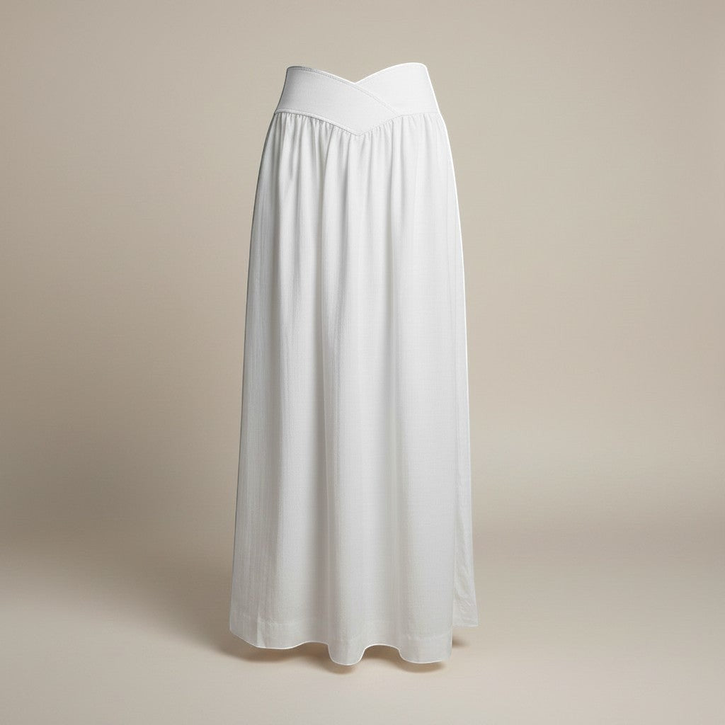 La Vie Continue white polyester maxi skirt with a flattering V-waistband and flowing A-line silhouette, perfect for summer.