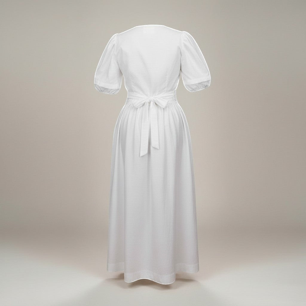 La Vie Continue white polyester wrap-front midi dress with puff sleeves and a tie waist, perfect for summer.