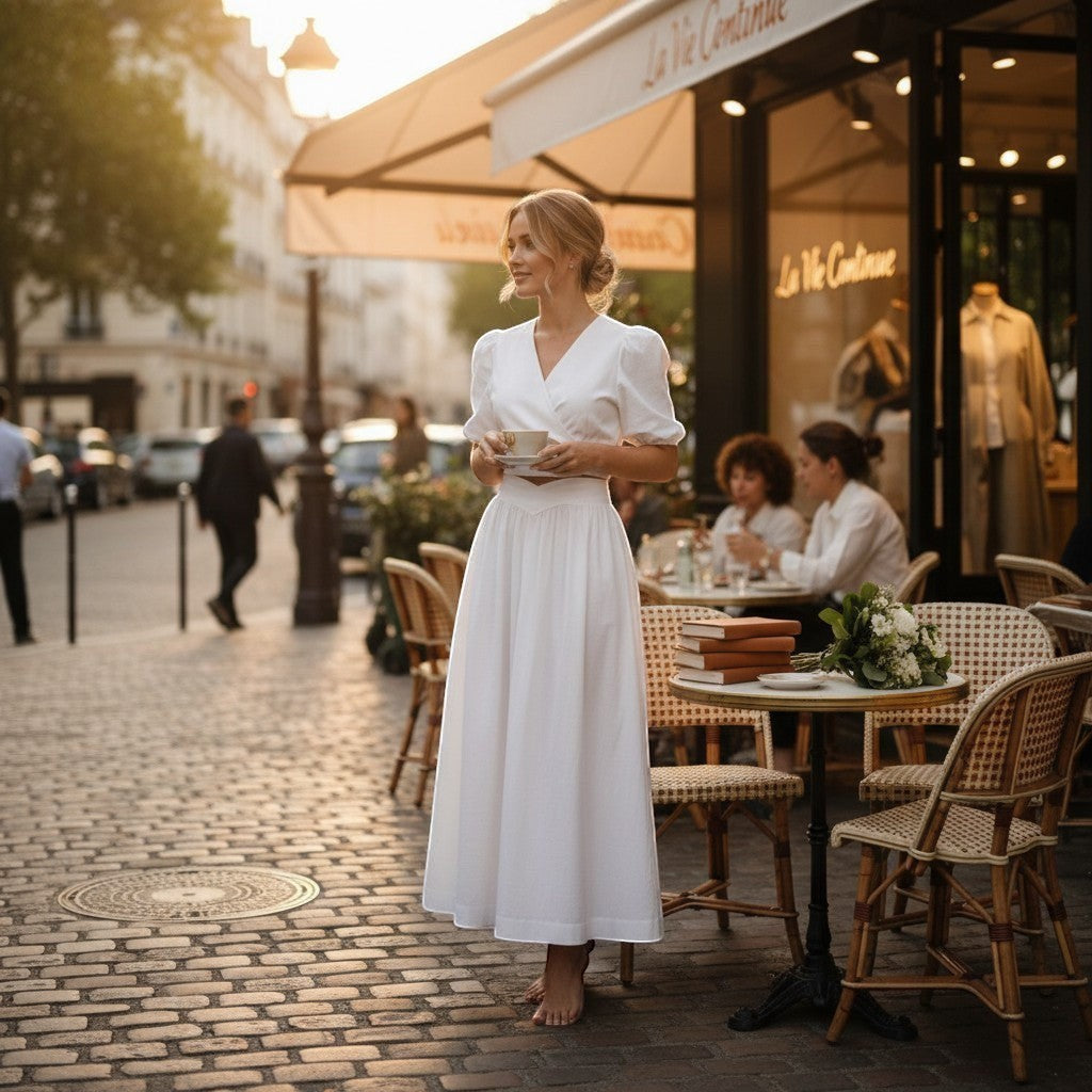 La Vie Continue white polyester wrap top and long skirt set, elegant summer outfit.