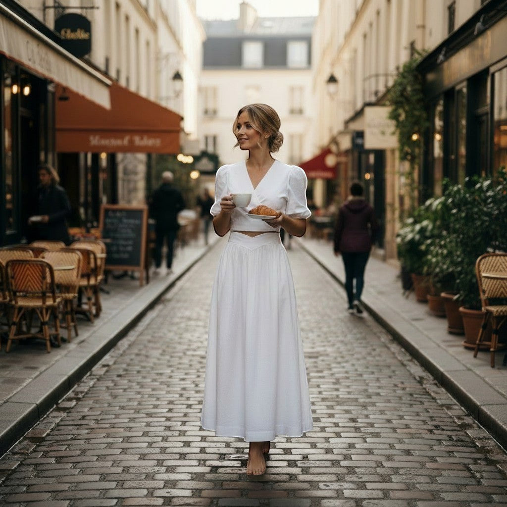 La Vie Continue white polyester two-piece set with v-neck crop top and long flowing skirt, worn by a woman holding coffee and a croissant.