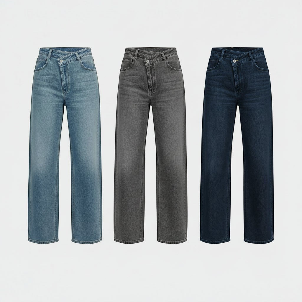 La Vie Continue women's light blue, grey, and dark blue wide-leg jeans with asymmetric button detail, made from cotton blend.