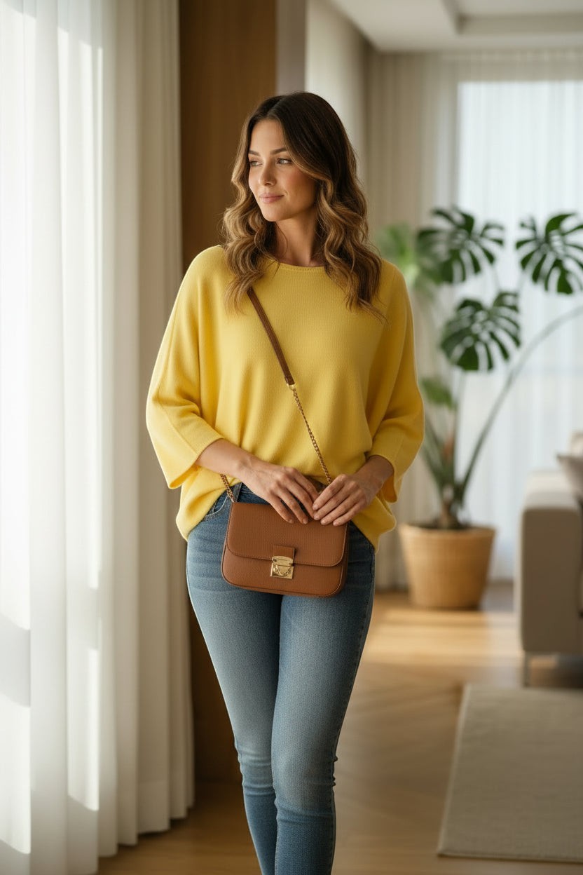 La Vie Continue yellow loose-fit knit sweater with wide sleeves and round neck, worn by a woman with a brown crossbody bag.